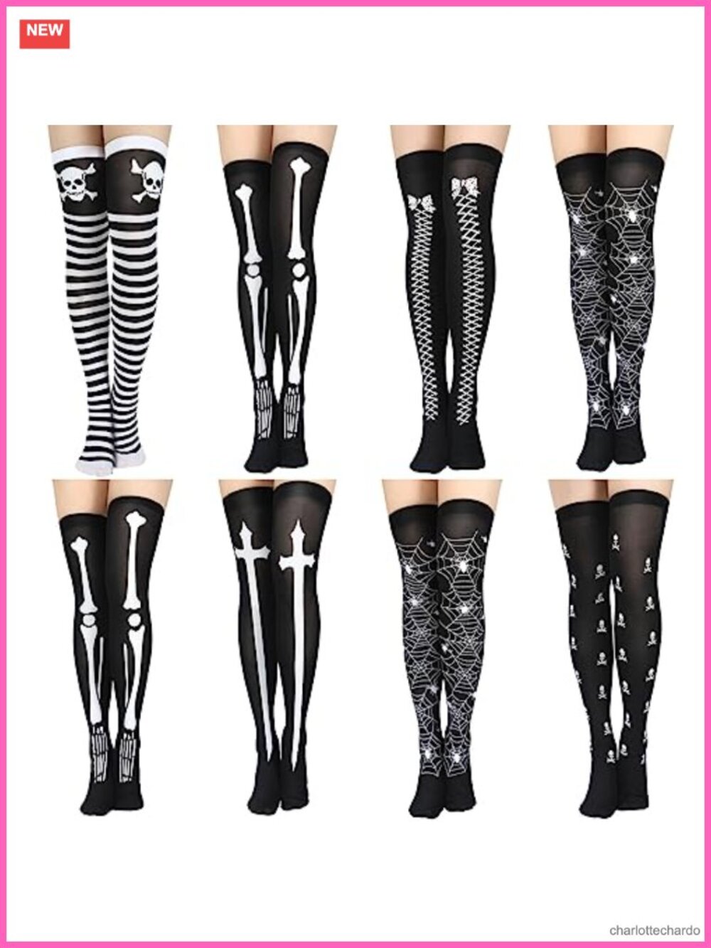 8 Pairs Thigh High Socks Gothic Skeleton Spooky Over Knee Halloween Cosplay